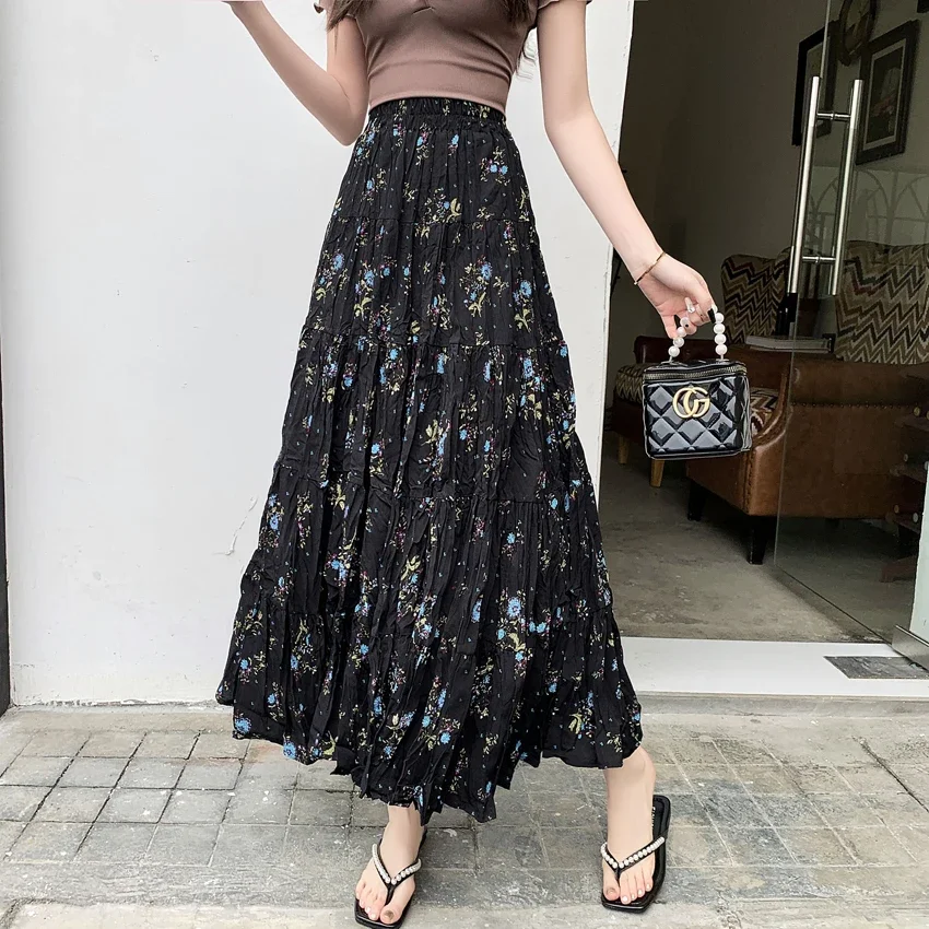 Rok a-line panjang musim panas wanita rok Bohemian lipat pinggang tinggi elastis rok Mode Bawah dengan lapisan