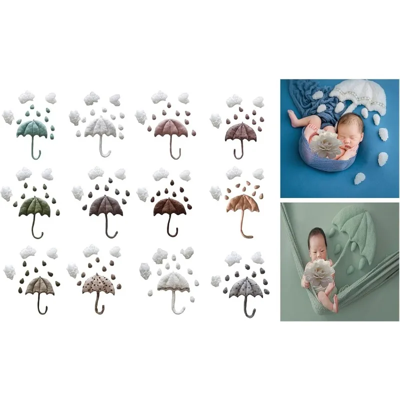 Soft Plush Cloud Raindrop Prop Set for Baby Photography, Faux Fur Knit Umbrella Decor, Monthly Milestone Photo Booth Supplies, G