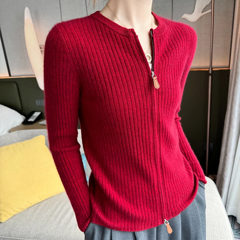 

Women's 100% Cashmere Cardigan Solid round Neck Knitted Sweater Autumn/Winter Casual Zipper Fit Jacket Basic Blouse