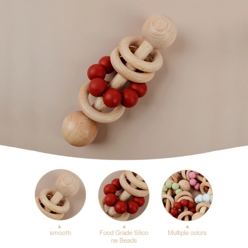 Safe Beech Wooden Baby Rattle Hand Bells Toys BPA Free Silicone Beads Newborn Chewing Shaking Mobile Rattle Baby Sensory Toy