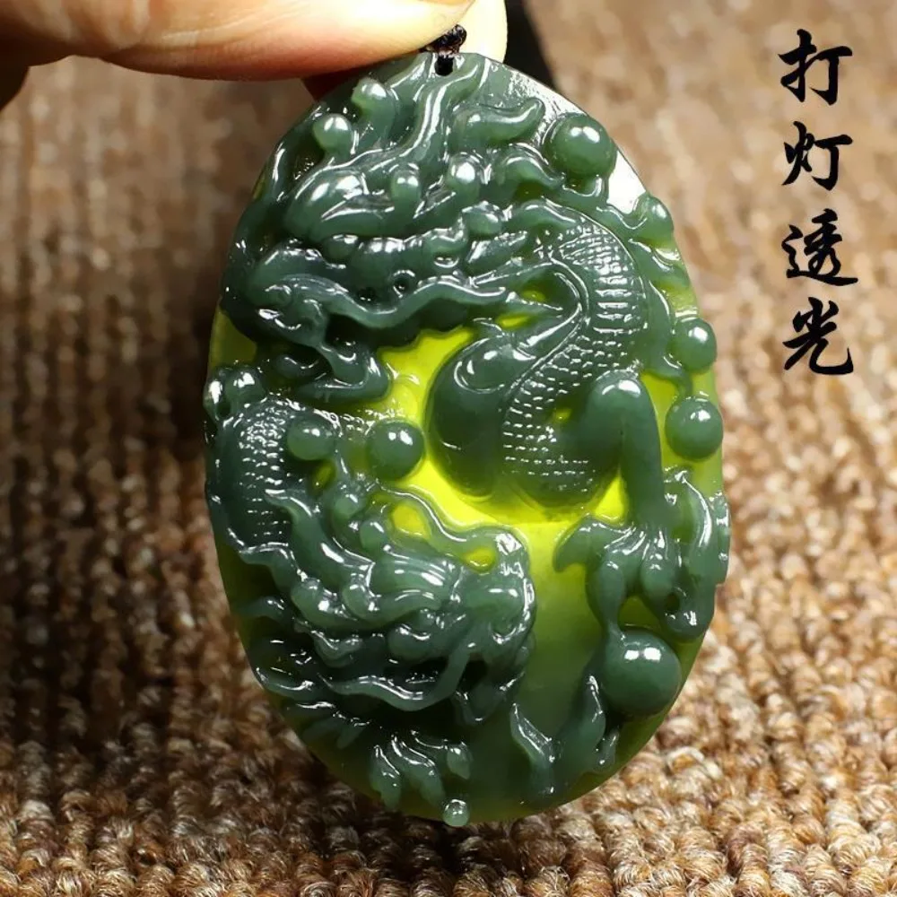 Hotan Jade Blue Jade Double Dragons Playing with Beads Jade Pendant Male and Female Brand Guarding Increases Energy