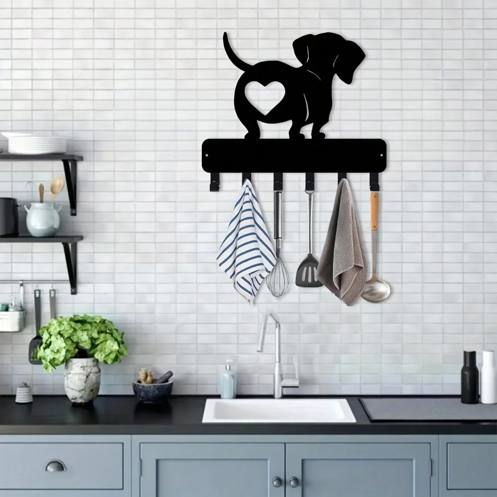 Dachshund Metal Key Hanger - Wall Hook for Keys, Hats & Decor, Heart Design, Black, Easy Install, 11.81 Inch, Home Office Organi