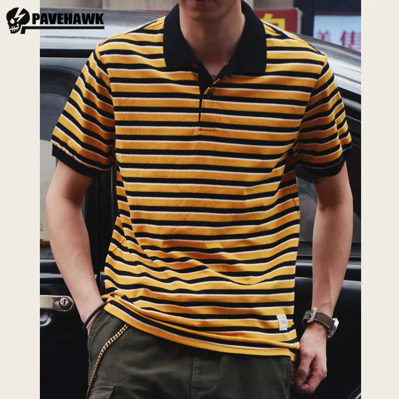 Cotton Tooling Sailors Striped POLO Shirt Mens Summer American Vintage  Half Sleeved Fashion T-shirt Color Blocking Lapel Tops