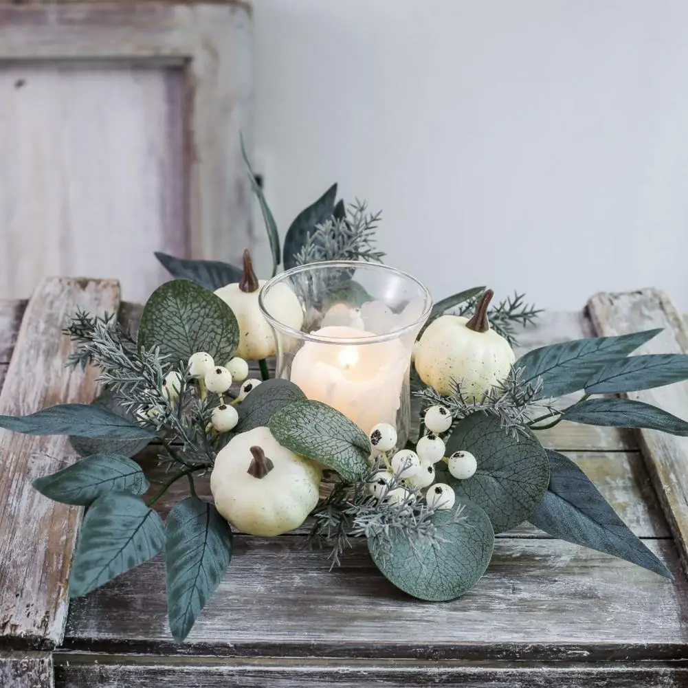 Autumn Pumpkin Garland Fall Pumpkin Candle Ring with Artificial Berries Maple Leaves Wreath for Thanksgiving Day for Wedding