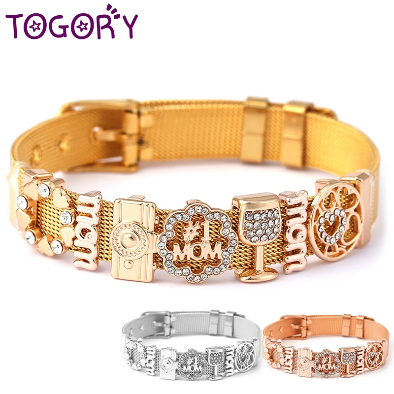 Crystal mom Camera Hollow Love Beads Charm Bracelets DIY Stainless Steel Mesh Belt Bracelet Bangle For Women Men Jewelry Gift