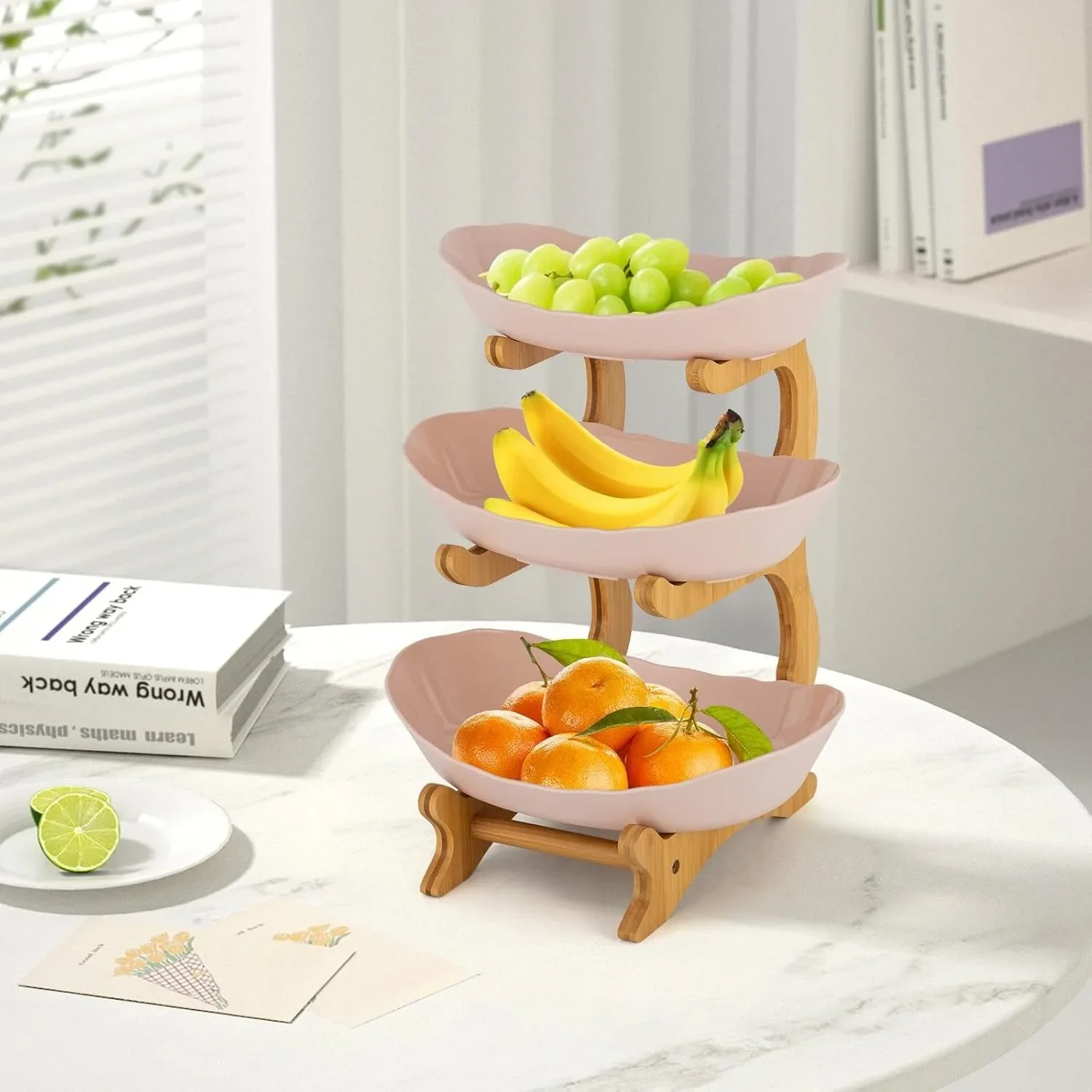 Fruit Bowls, 3-Tier Fruit Plate Oval Bamboo Wood Stand Fruit Basket Bamboo Stand Holder Snack Cake Stand