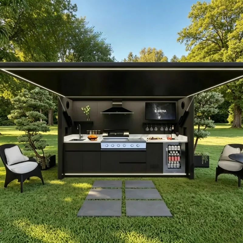 Customized Waterproof Stainless Steel Outdoor Kitchen With Shed Built-in BBQ Grill For Garden Backyard