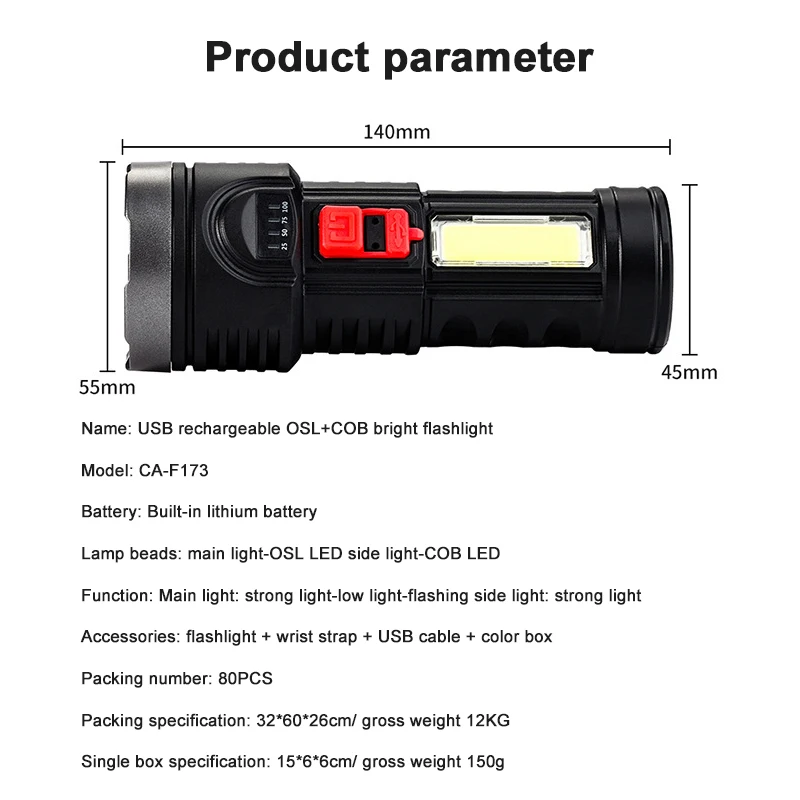 Tragbare Taschenlampen, blendende Taschenlampe, starkes Licht, USB-Taschenlampe mit großer Reichweite, tragbare Licht-Außenbeleuchtung