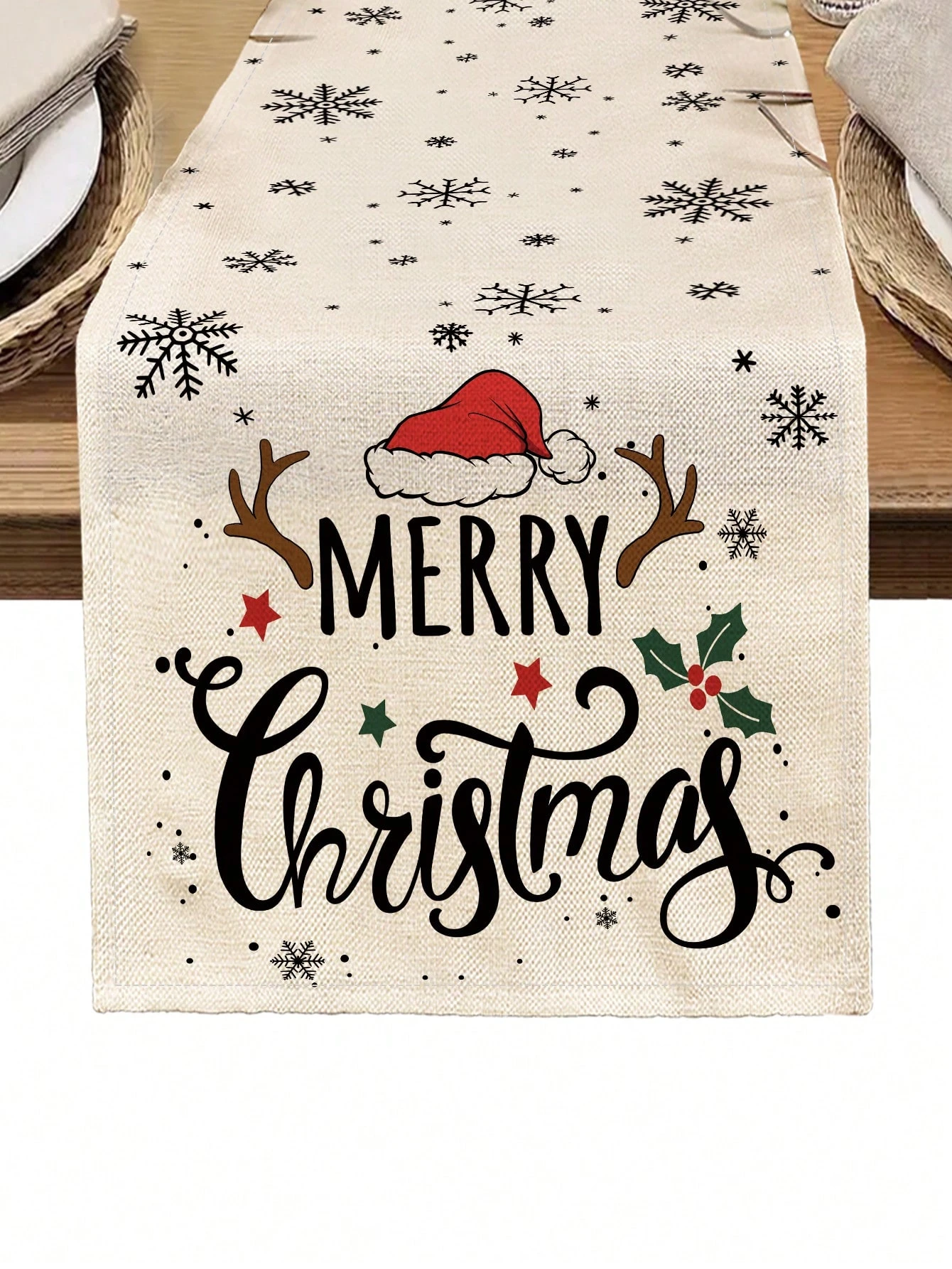 JIT Weihnachten Frohe Weihnachten Tischläufer aus Leinen, Schneeflocke, Weihnachtsmütze, Holly-Design für Weihnachtsessen, Tischdekoration, Urlaubsparty