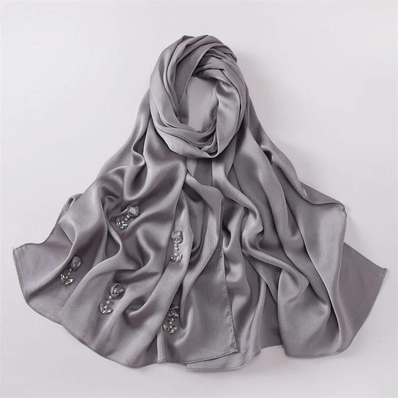 Plain Stitch Rose Floral Necklace Bubble Chiffon Hijab Shawl Lady High Quality Wrap Beach Bufandas Ramadan Islamic Muslim Sjaal