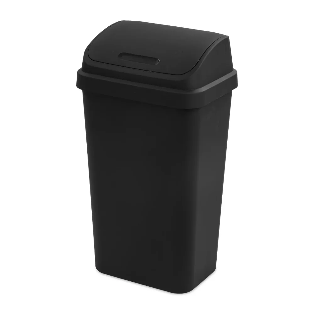 

13 Gallon Trash Can Plastic Swing Top Kitchen Trash Can Black Easy-to-clean textured surface Durable design will hold