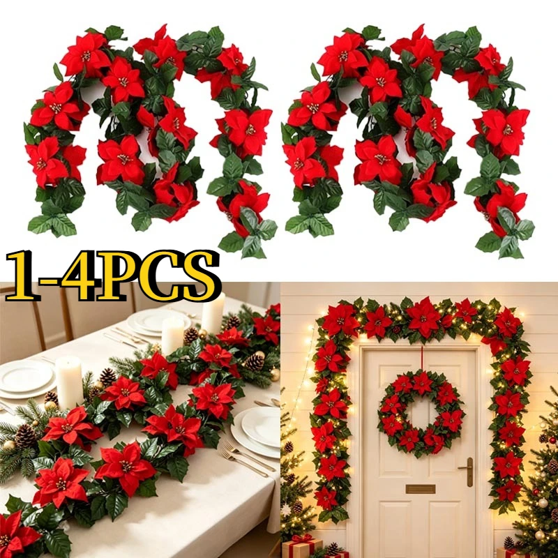 1-4PCS 175cm Faux Poinsettia Vine Garland Christmas Red Green Silk Flower String for Table Centerpiece Mantel Home Holiday Decor