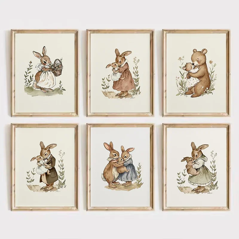 (1pc frameless)Antique Cartoon Mom and Bunny Canvas Print Rabbit Bear Animal Fairy Tale Nursery Wall Art Poster Picture Famil