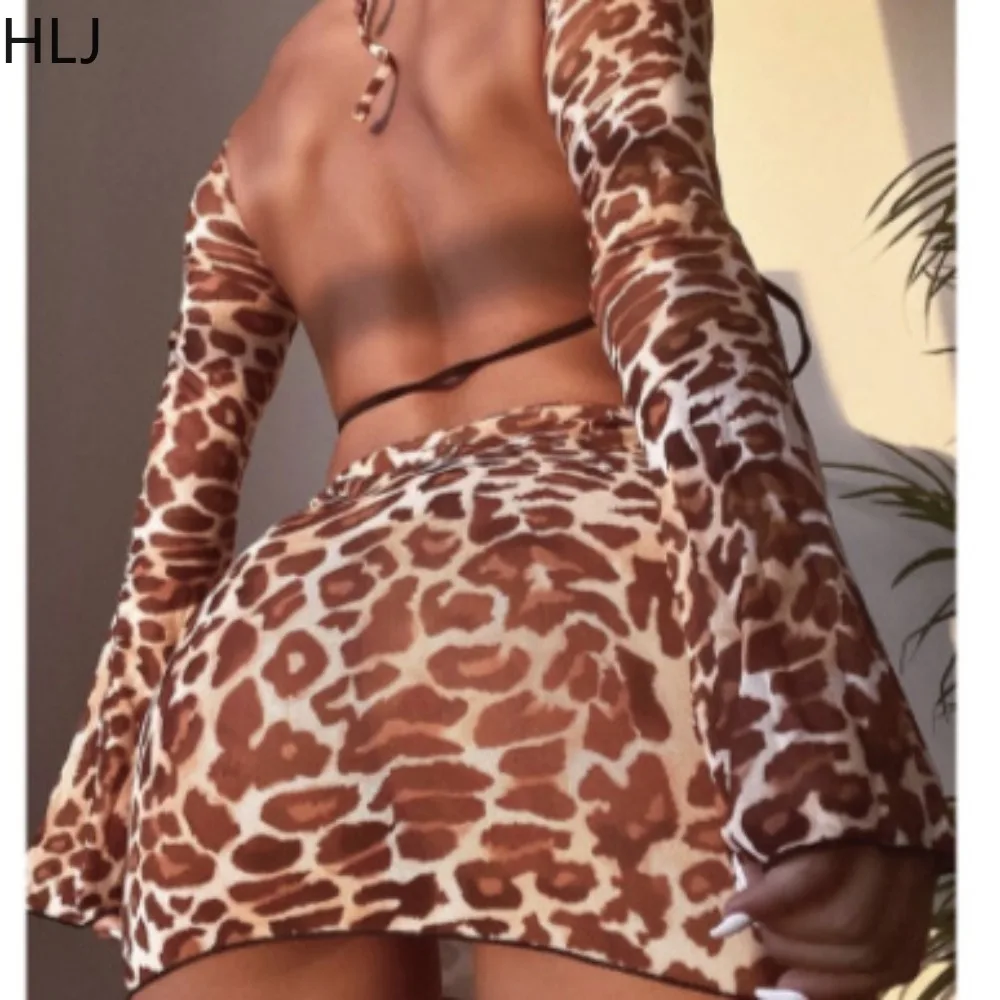 FAGADOER Sexy Mesh Leopard Printing Lace Up Skirt 4 Piece Set Women Split Swimsuit Sweet Backless Bikinis Summer New Bikinis Set