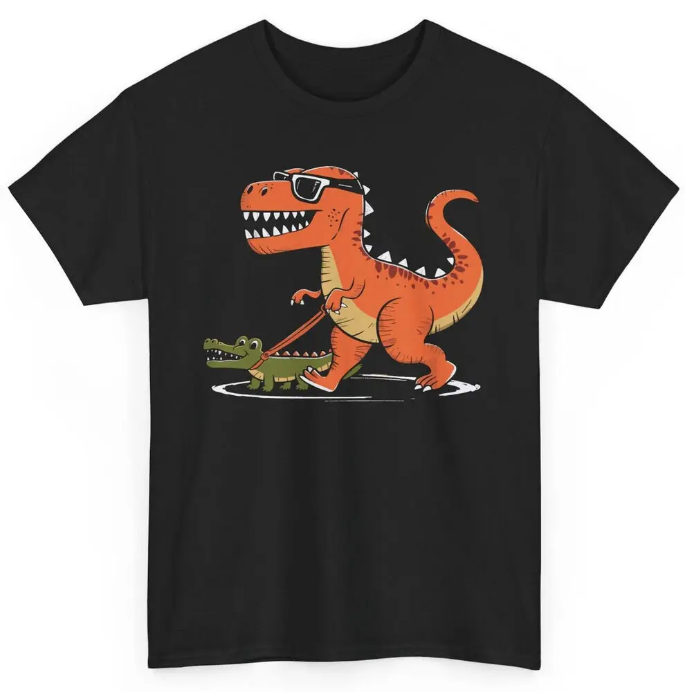 T Rex Walking With Crocodile Pet Funny  T-shirt - Novelty Animals Graphic Tee  Tees High Quality 100%Cotton Short Sleeve