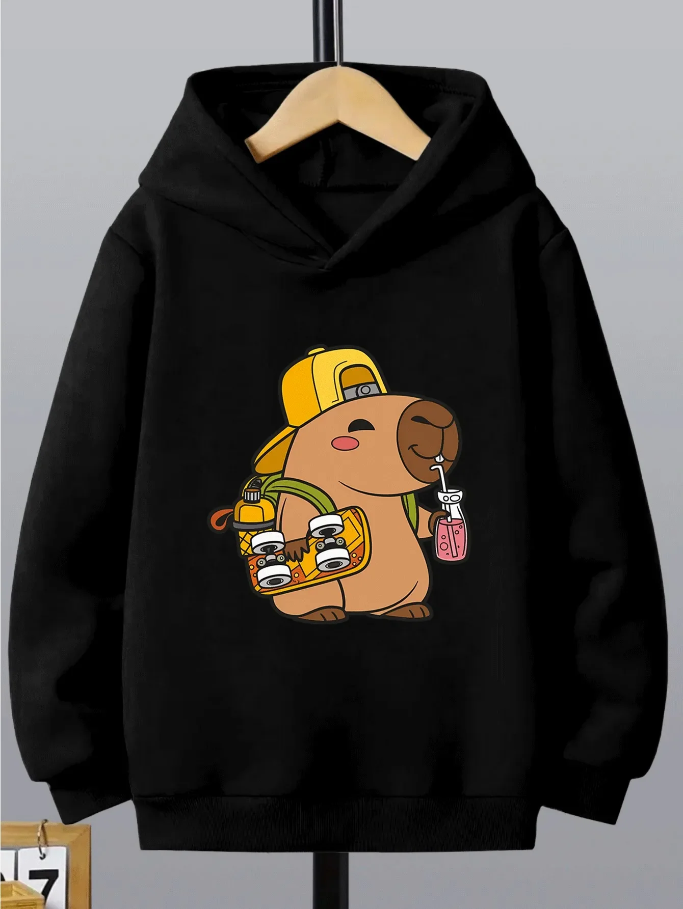 Kids Kawaii Capybara Hoodie Autumn Winter Fleece Lined Skateboard Backpack Graphic Print Warm Casual Pullover