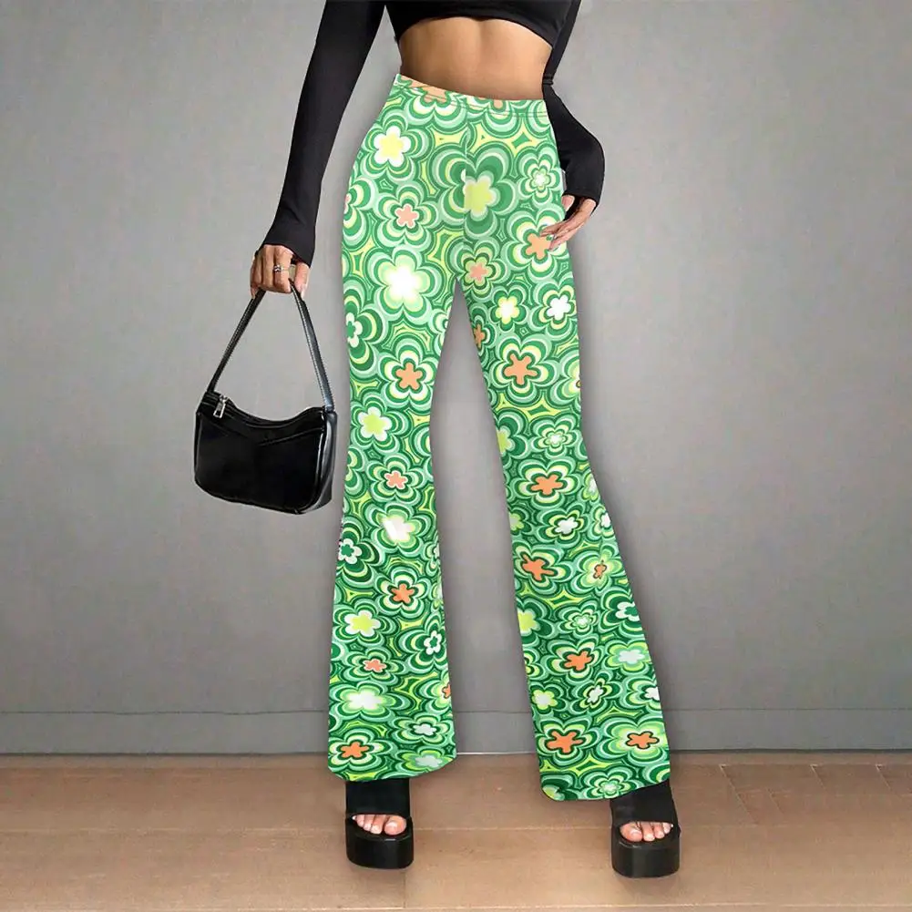 Printed Long Pants Casual Loose Trousers Stylish Women's Flared Pants High Waist Slim Fit Vibrant Floral Print for Daily Wear