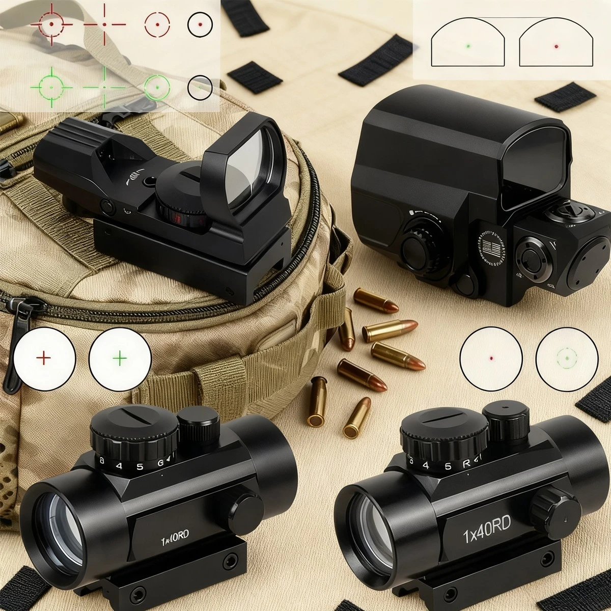 التكتيكية Riflescope 1X30 1x40 البصريات الأحمر الأخضر نقطة البصر منعكس 4 شبكاني المجسم كوليماتور نقطة ل 20 مللي متر 11 مللي متر السكك الحديدية Ar15 M4