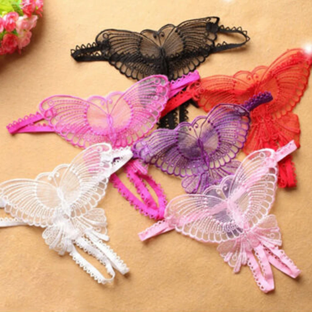 Womens Sexy Sheer Butterfly Briefs Lace Thong G-string Crotchless Panties Embroidered Underpants Open Back See Through Lingeries