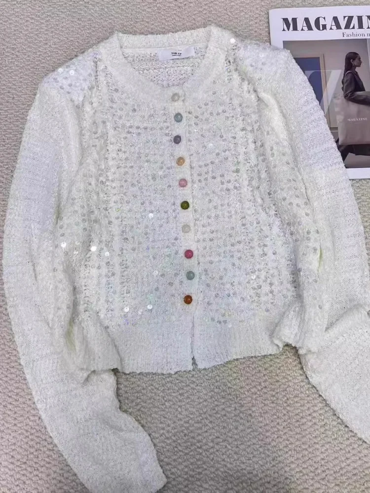 

Long Sleeve Elegant Jacket Round Neck Women Coat Hollow-Out Knit Cardigan Casual Colorful Breasted Decoration Ladies Top