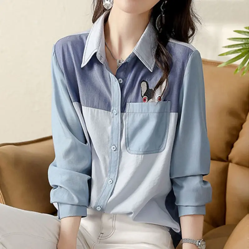 Office Lady Turn-down Collar Button Patchwork Pockets Spring Autumn Women\'s Clothing Fashion Straight Loose Long Sleeved Blouses