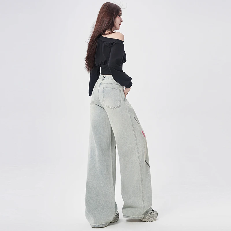 Womens Jeans Loose Fit Personality Distressed Denim Pants Spring 2026 New Arrival Flare Trousers Retro Fashion Wide Leg