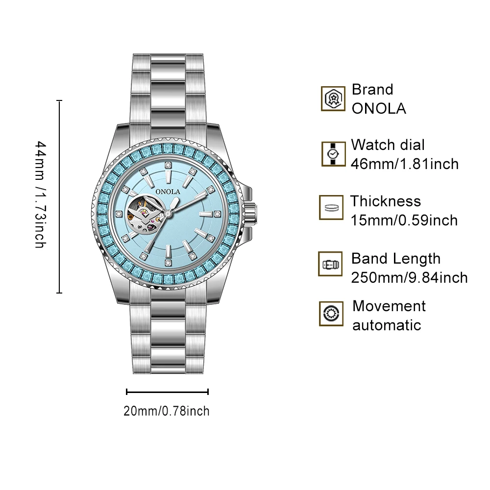 ONOLA Men's Mechanical Watch Alloy Case Stainless Steel Strap Waterproof Luminous Hands Crystal Bezel Hollow Design