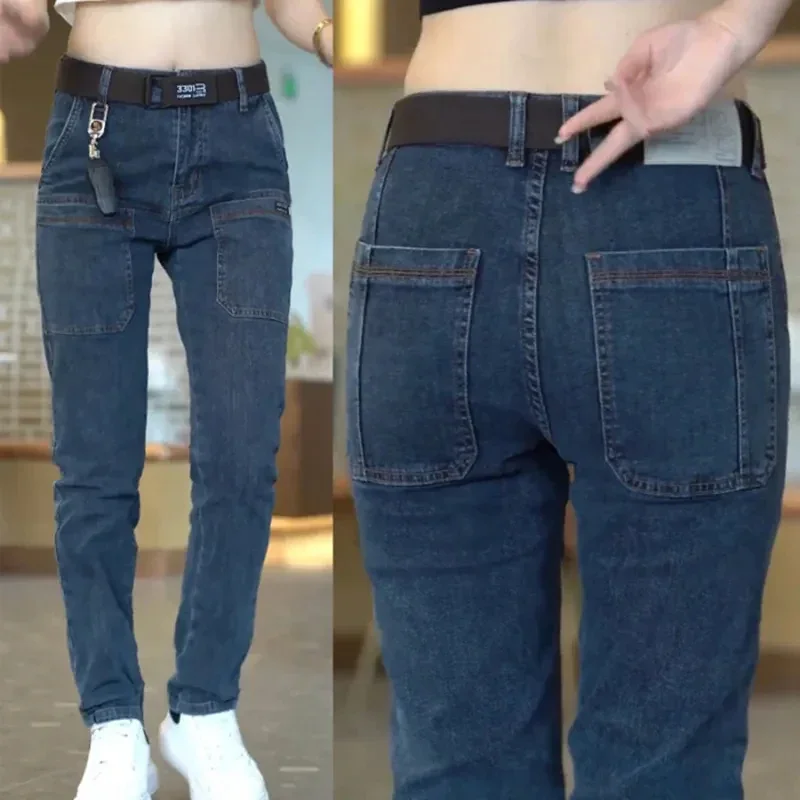 Men Cargo Pants Slim Stretch Jeans Multi Pocket Fashion Streetwear Designer Skinny Male Denim Trousers Brand Clothes Blue Black