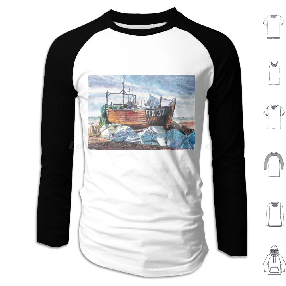 Hastings Fishing Boat Rx37 Hoodie cotton Long Sleeve Fishing Boat Fishing Boat Sea Coast Seaside Hastings Beach Scene England