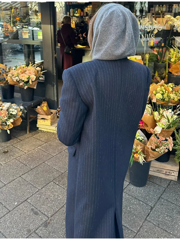 Vintage Gestreiften Revers Lange Blazer Jacken Frauen Chic Schulter Pad Taste Tasche Lose Mantel Herbst Pendeln Straße Tragen 2025 – Detail 17