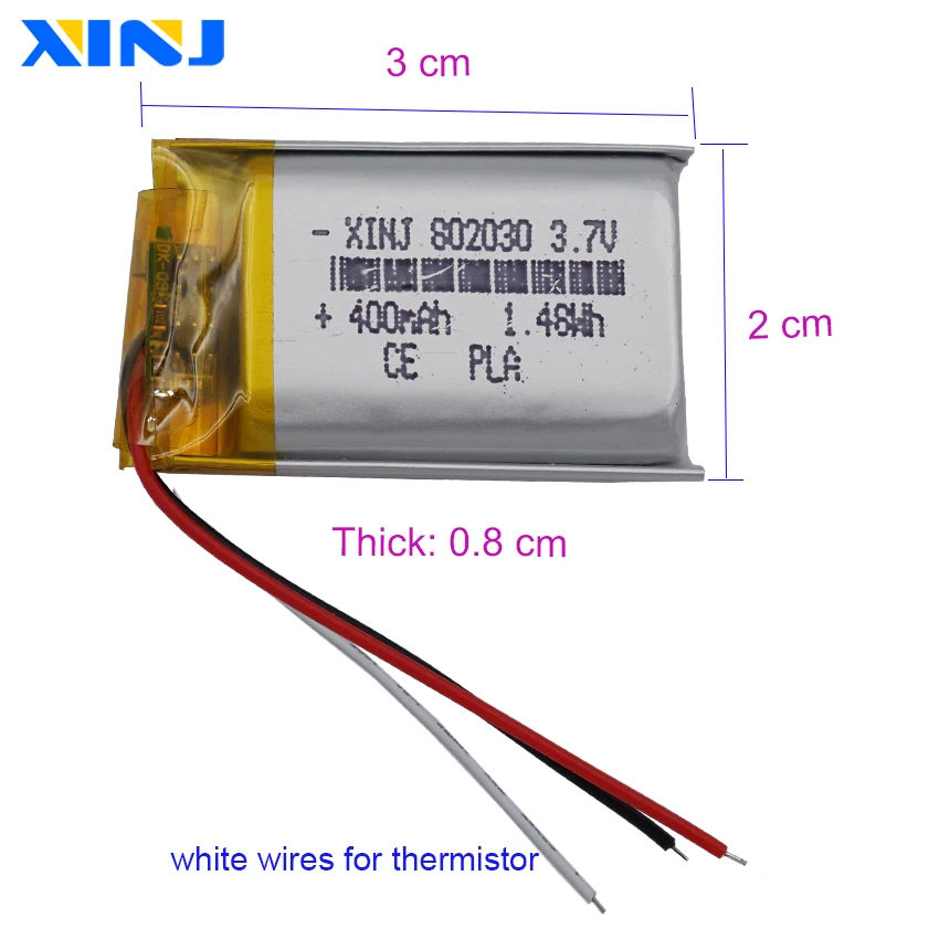 2pcs 3.7V 400mAh 1.48Wh Polymer Rechargeable Lipo Lithium Battery Thermistor 3 Wires 802030 For GPS Car Camera DashCam Headset