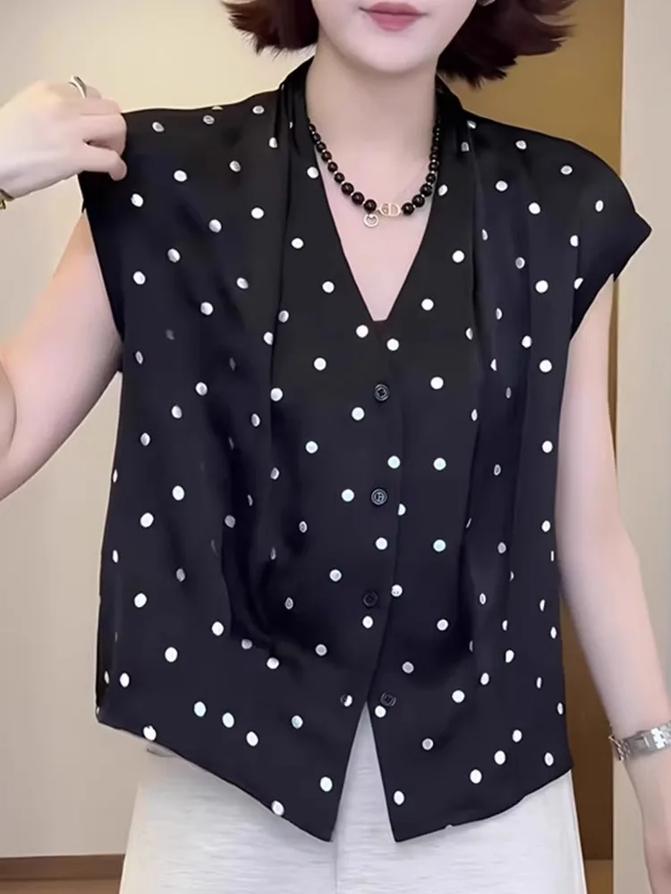 Faionable V-Ne Polka Dot Svel irt Damen-Sommer-Top mit schlankem Design, koreanische SLE-Bluse mit geradem Schnitt und Knöpfen