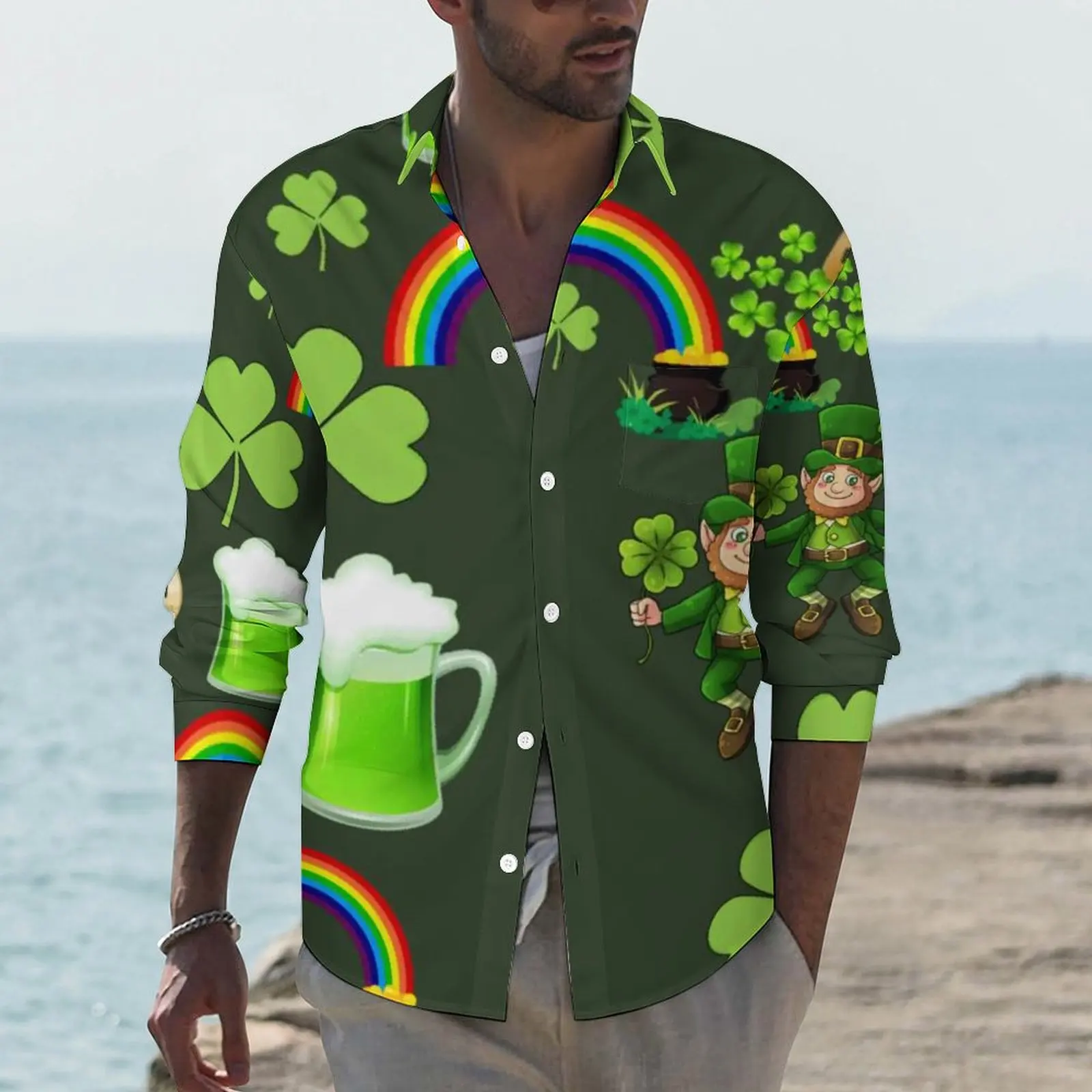 

St Patrick's Day Shirt Men Happy Leprechauns Beer Rainbow Casual Shirts Autumn Design Blouses Long Sleeve Novelty Oversize Top