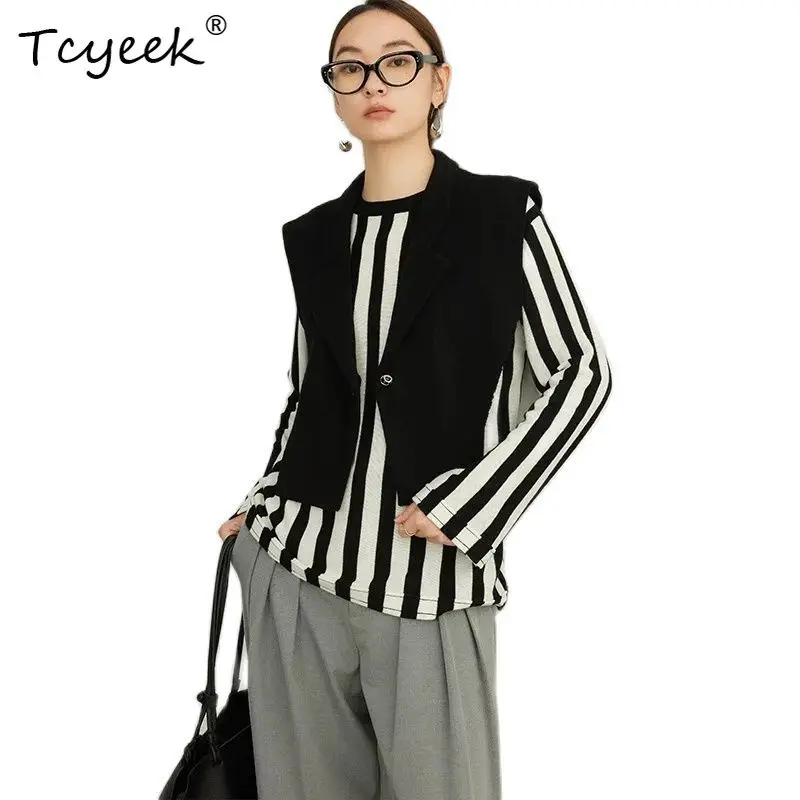 

Tcyeek, 32.4%Merino Wool Elegant Shawl, Women Single Buttons, OL Fashion Loose Knit Cardigans, 2024 Fall Winter Top T48467QM