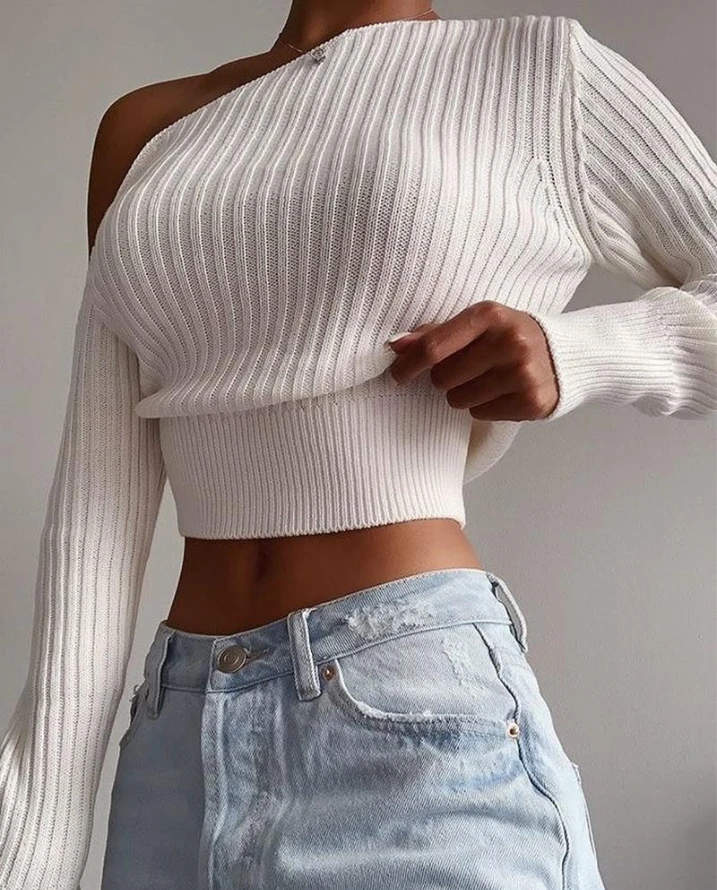 Sweater tren wanita, pesta Off Shoulder Sweater lengan panjang pendek 2024 awal musim semi terbaru Crop Top serbaguna Sweater ketat