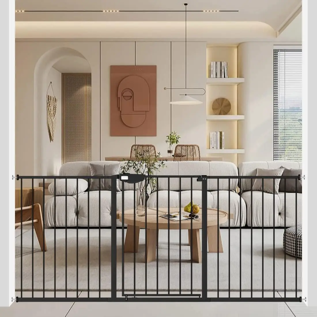 

Triple Lock Baby Gate Extra Wide 67.32-72.04"Pressure Mounted Walk Through Swing Auto Close Safety Black Metal Dog Pet Puppy Cat