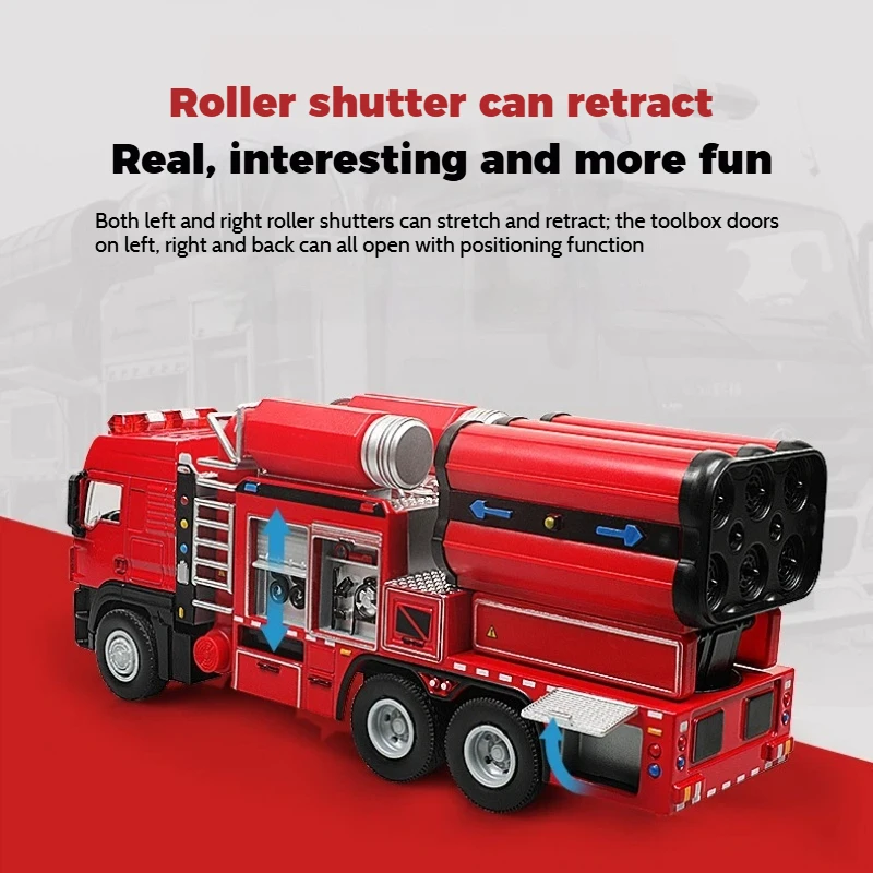 Modello di camion dei pompieri in lega 1:50 Veicolo di salvataggio di scarico di fumo resistente Diecast in metallo Suono leggero Tirare indietro Giocattolo Regalo da collezione