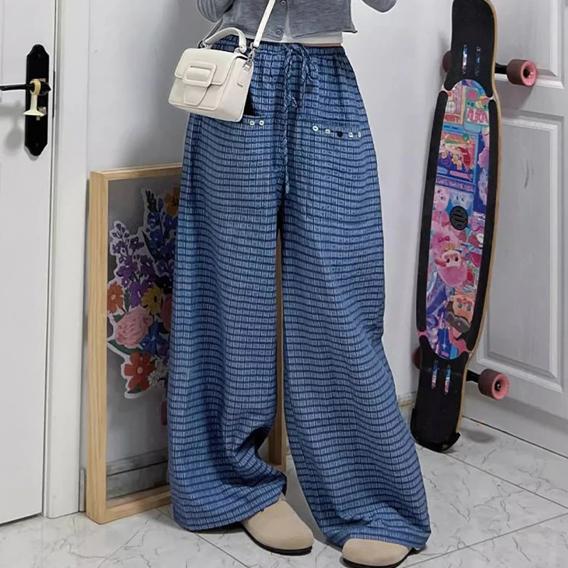 New Women Trendy Vintage Plaid Streetwear Y2K Baggy Pants Female Casual High Waist Pockets Oversize Wide Leg Trousers Pantalones