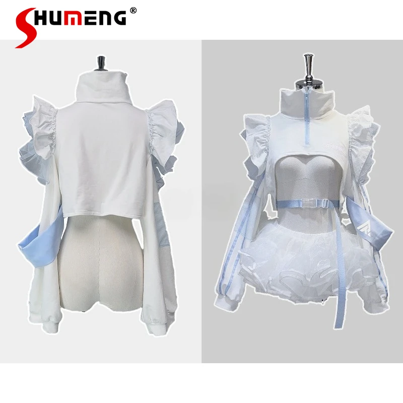 

Autumn Light Mechanical Black White High Neck Off-Shoulder Pure Cotton Hoodie Functional Lock Button Short Top Zipper Sweatshirt