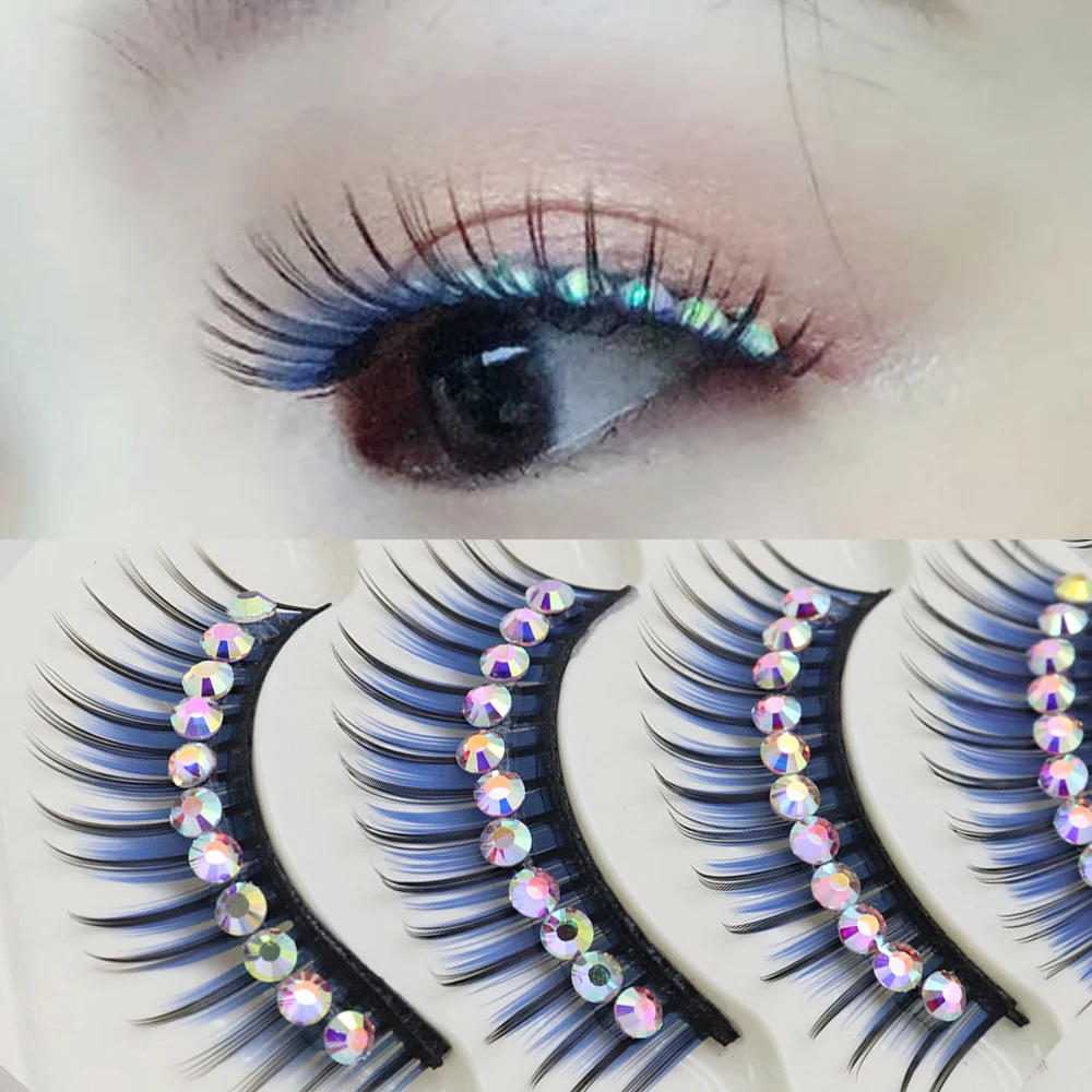 5 Pair Diamond Glitter False Eyelash Colored Fluffy Faux Mink Individual Lashes Cluster Shinny Blue Purple Nature Black Eyelash