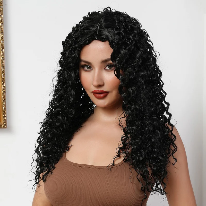 

European and American Style Fluffy Black Middle Part Long Curly Hair Afro Wig Synthetic High Temperature Fiber Wig