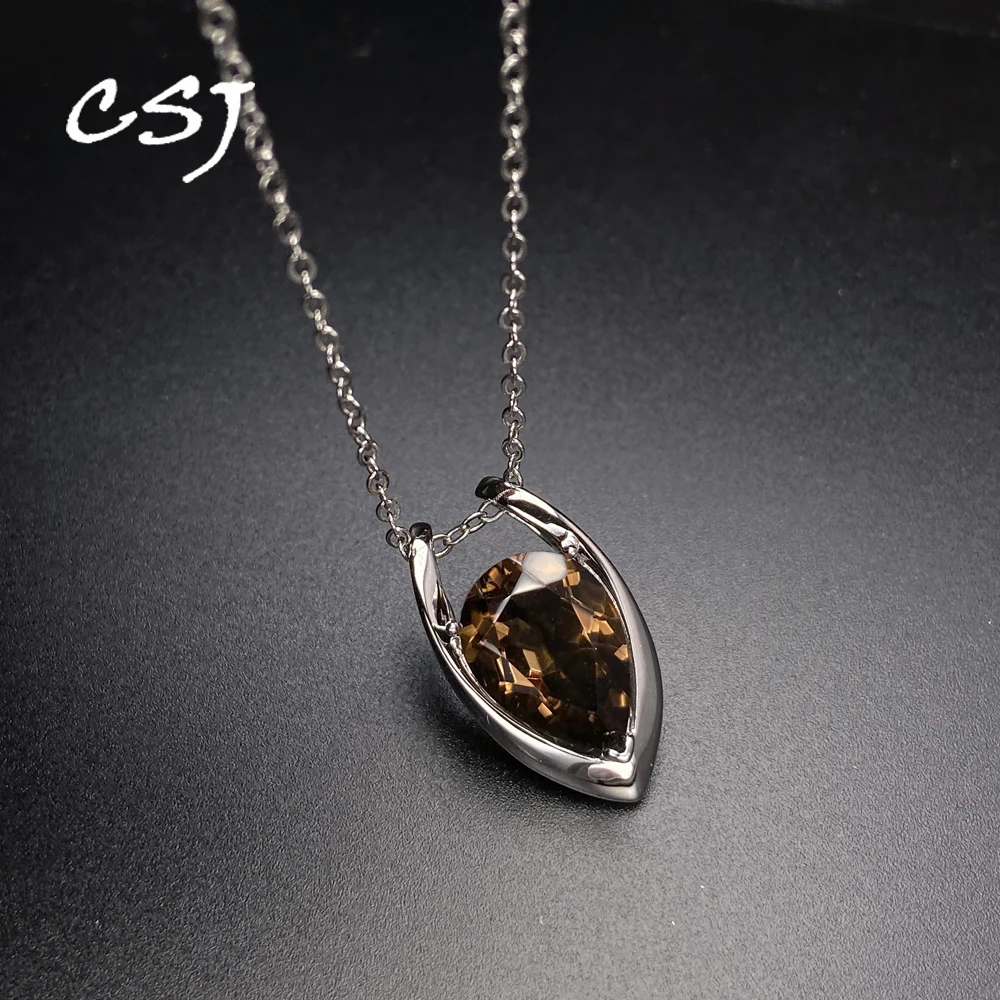 Mysterious Natural Smoky Quartz V Shape Pendant 925 Silver Pear 10*14mm Fine Jewelry for Women Party Wedding Birthday Gift