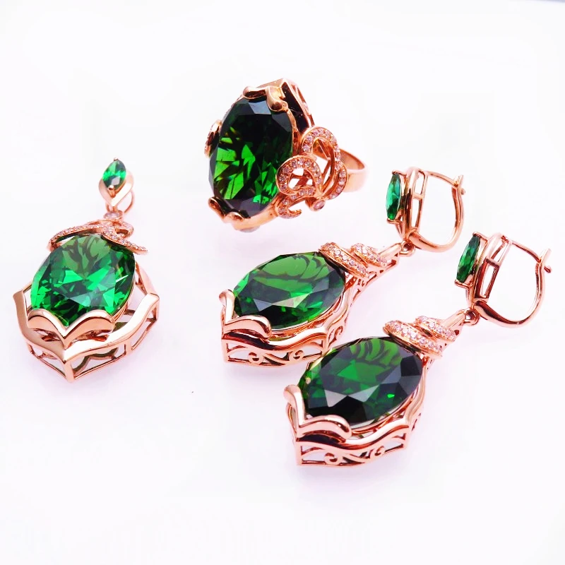 585 purple gold jewelry set plated 14K rose gold fashion luxury inlaid emerald earrings for women exquisite wedding necklace