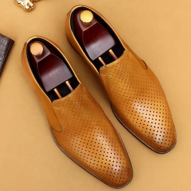 Spring/Summer New Men's Leather Shoes Perforated Hollowout Breathable Genuine Leather Slip-on Moccasins Business Casual Loafers