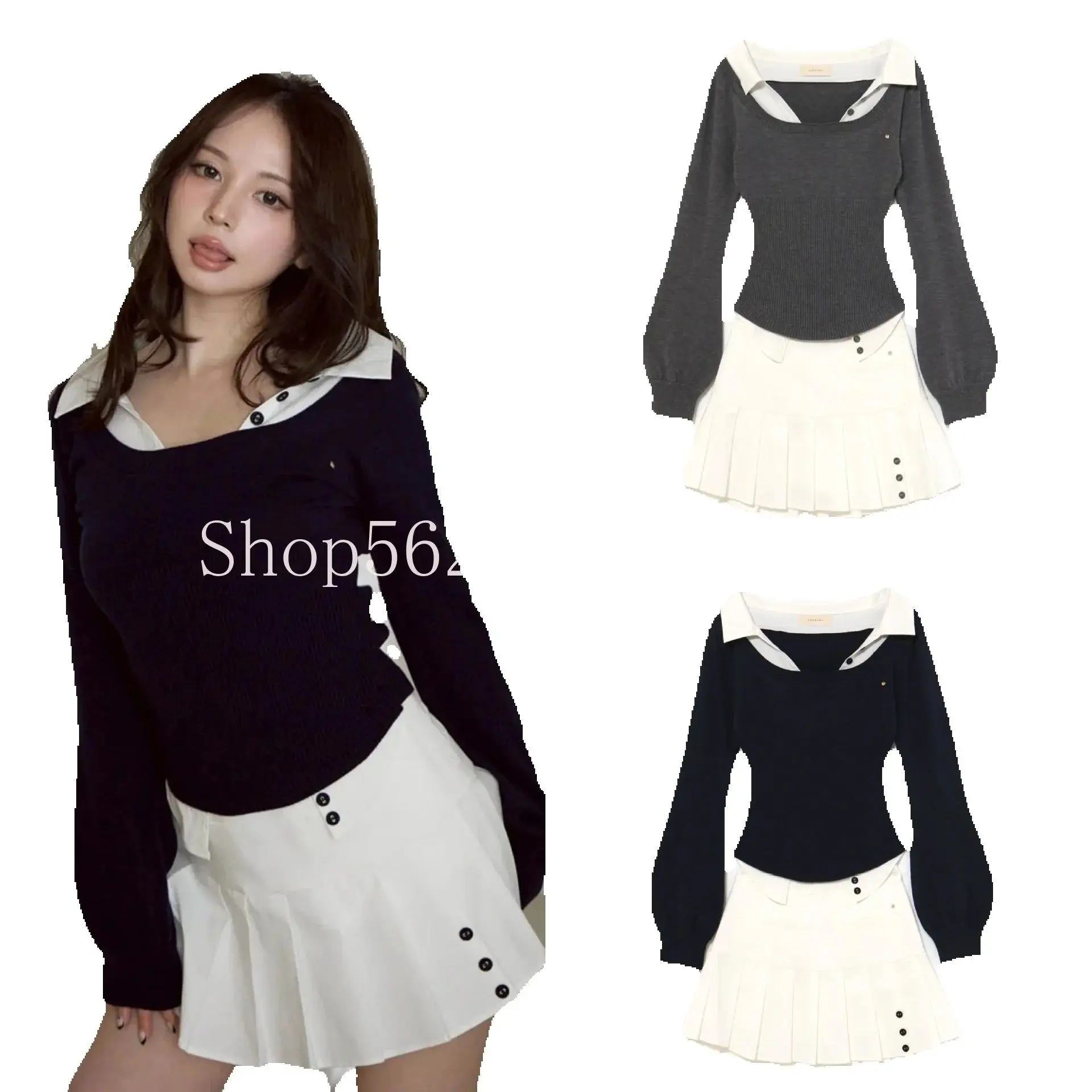 Japanese Style Faux Two-piece Colorblock Turn-down Collar Slim Basic Pullover Top Women High Waist Elegant Button Pleated Skirt