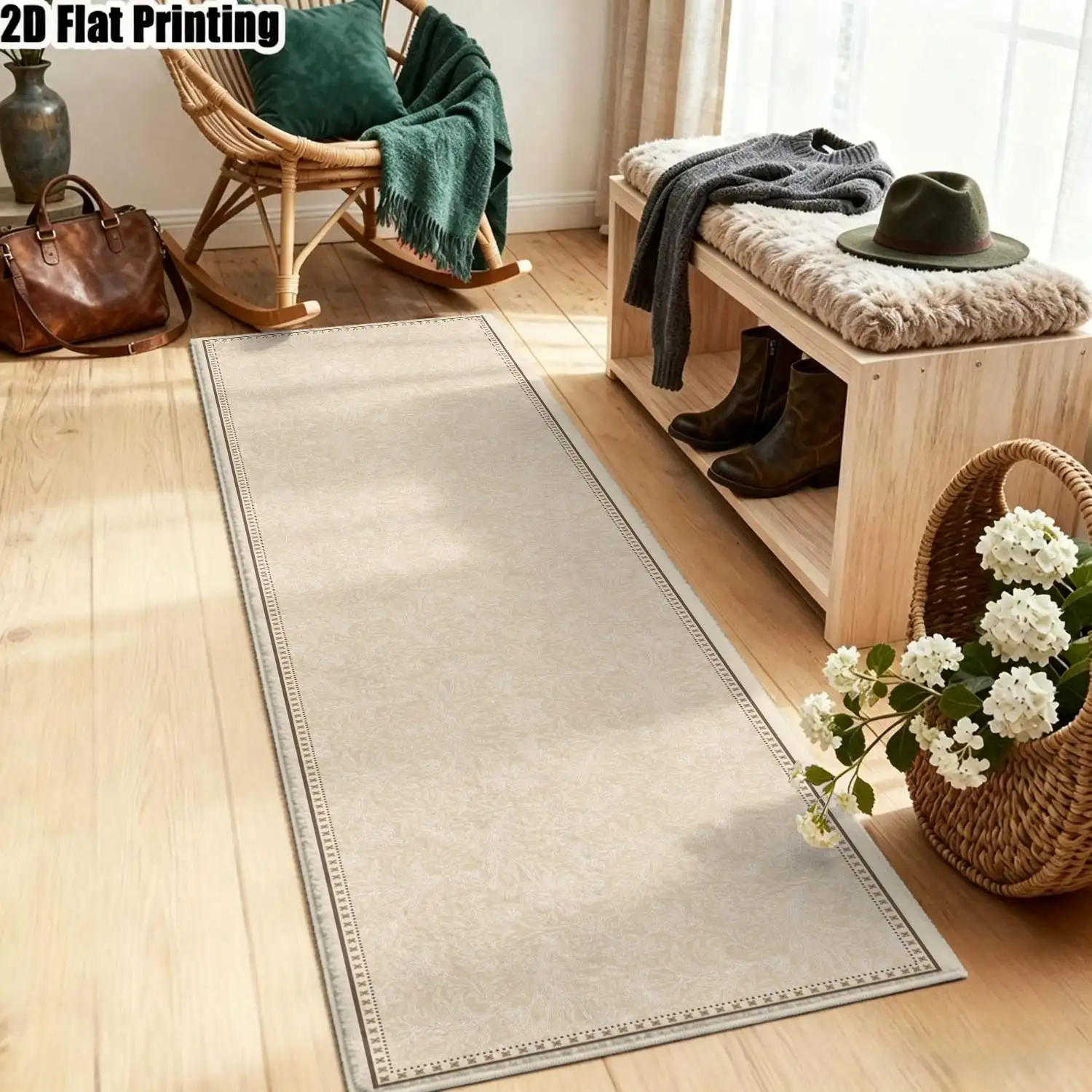 1Pc 2D Printed Long Strip Beige Rug, Simple Pattern, Nordic/Instagram/Modern Minimalist/European/Vintage Designs, Home Decor, Multi-Size, Machine Washable, for Hallway, Entrance, Living Room, Bedroom