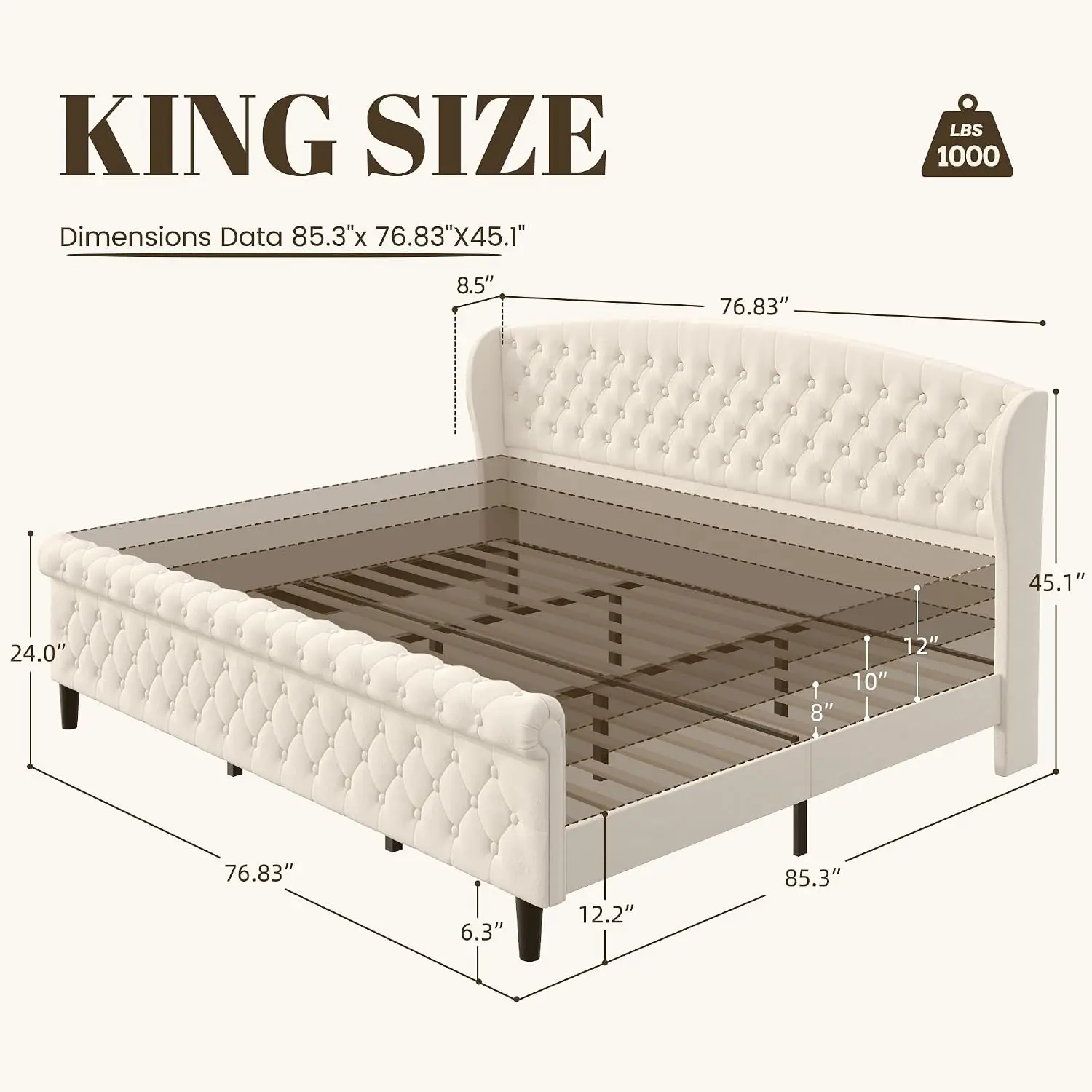 Velvet Platform Sleigh Bed Tufted Wingback Headboard & Footboard Noise-Free Easy Assembly No Box Spring Light Beige, Customized