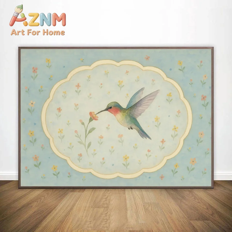1pc framless Canvas Painting Vintage Robin Bird Hummingbird & Flower Poster Canvas Painting Print Wall Art for Cottagecore Nurse