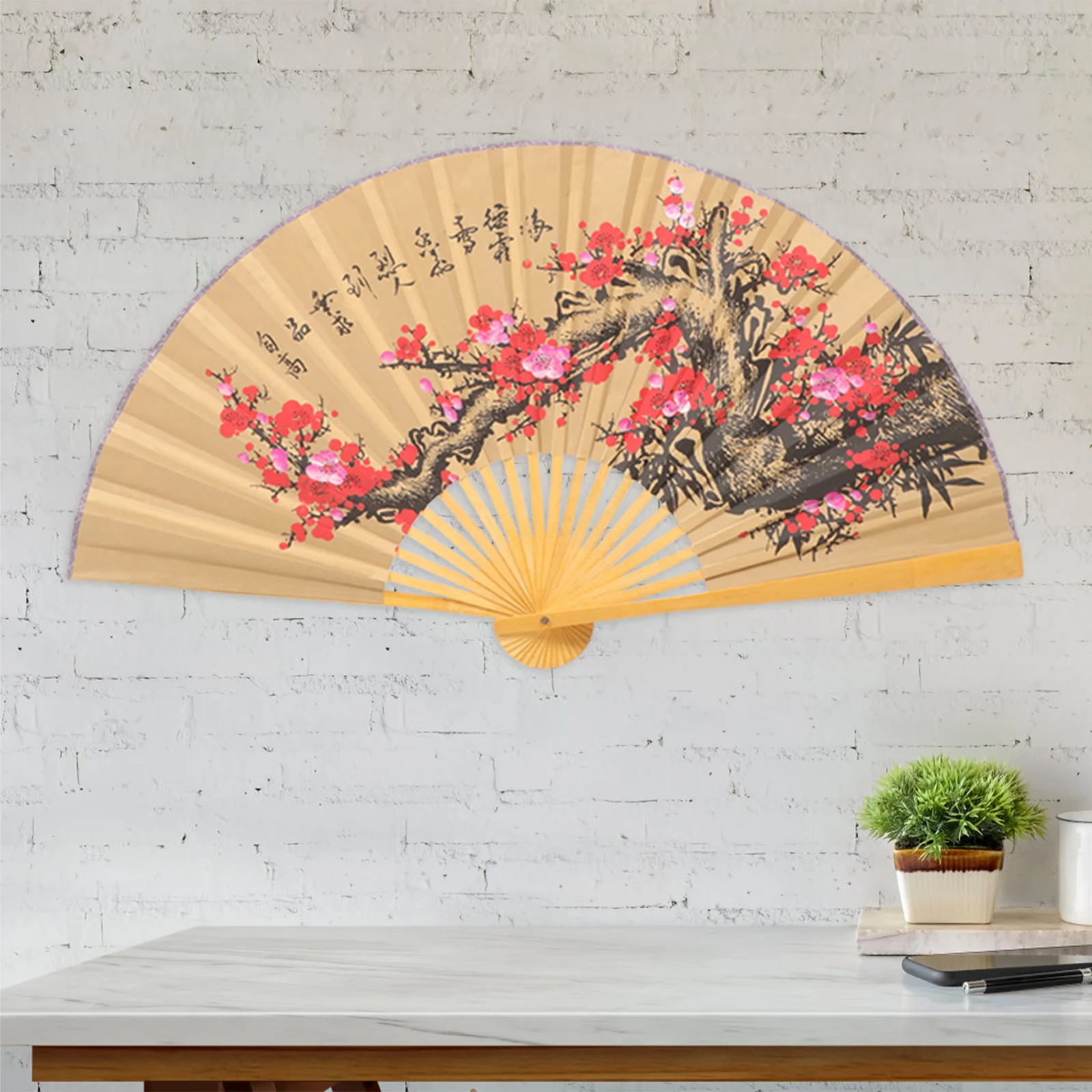 

Chinese Style Hanging Fan Wall Giant Paper Decor Rice Cloth Wooden Work Handheld