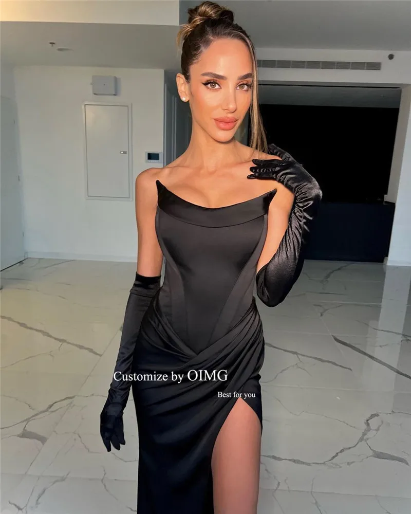 OIMG Modern Black Mermaid Evening Dresses Strapless Pleats Dubai Arabic Female Party Formal Dress Sexy Prom Gown Customized